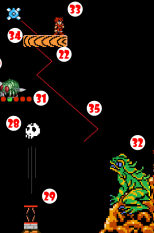 Giant Fly buzzes away, crossing in front of Giant Frog. Giant Frog (32) shoots out tongue, trying to capture Giant Fly, but misses, snagging Hero (33) instead and reeling him in just before Descending Platform (34) releases from Unsecured Guide Chain (35) and plunges into Flaming Chasm. Hero uses Ninja Sword obtained at (17) to cut way out of Giant Frog.