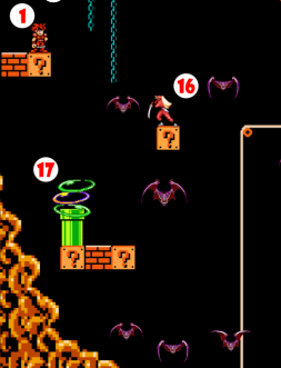 Giant Vampire Bats flutter in confusion around head of Ninja (16), who slashes in wild abandon, accidentally flinging her Sword. Ninja Sword severs the Chain to which Hero still clings by Steel Ring, dropping Hero into magical Teleportation Field (17) emanating from pipe below. Ninja Sword falls into Teleportation Field right after Hero.