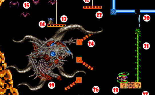 Hero is teleported to Platform (18) near center of Chasm. Cosmic Horror (19), disturbed by fluctuations in spactime continuum caused by Teleportation Field, lashes out with tentacles, breaking Water Pipe (20) and causing water to drip onto beanstalk seeds.